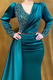 Beautiful Long Green V-neck Beading Mermaid Evening Dresses With Long Sleeves-misshow.com
