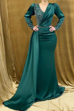 Beautiful Long Green V-neck Beading Mermaid Evening Dresses With Long Sleeves-misshow.com