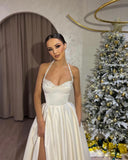 Beautiful Long Ivory A-line Halter Beading Sleeveless Wedding Dress With Slit