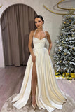 Beautiful Long Ivory A-line Halter Beading Sleeveless Wedding Dress With Slit