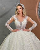 Beautiful Long Ivory Ball Gown Lace V-neck Wedding Dress-misshow.com