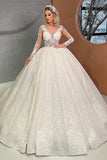 Beautiful Long Ivory Ball Gown Lace V-neck Wedding Dress-misshow.com