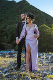 Beautiful Long Lilac Column Jewels Long Sleeves Prom Dress With Slit