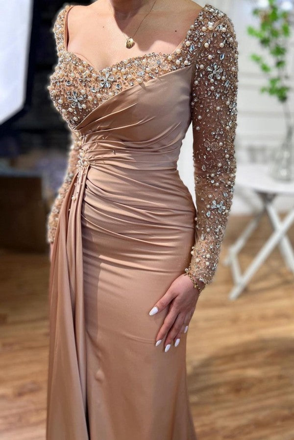 Beautiful Long Mermaid Beading Prom Evening Dresses With Long Sleeves-misshow.com