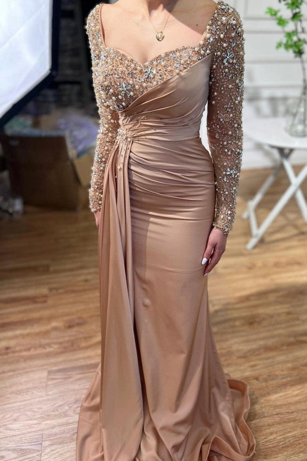 Beautiful Long Mermaid Beading Prom Evening Dresses With Long Sleeves-misshow.com
