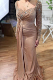 Beautiful Long Mermaid Beading Prom Dresses With Long Sleeves-misshow.com