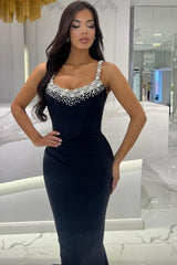 Beautiful Long Mermaid Black Sleeveless Rhinestones Prom Evening Dresses