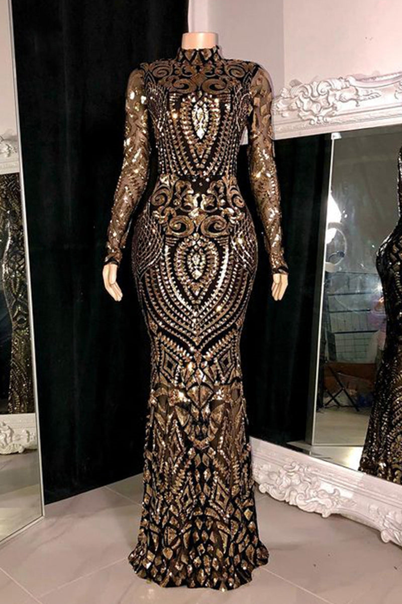 Beautiful Long Mermaid High Neck Lace Long Sleeves Prom Dress-misshow.com