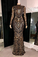 Beautiful Long Mermaid High Neck Lace Long Sleeves Prom Dress-misshow.com