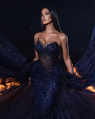 Beautiful Long Mermaid Lace Sleeveless Prom Dress With Detachable Train-misshow.com