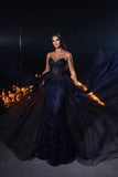 Beautiful Long Mermaid Lace Sleeveless Prom Dress With Detachable Train