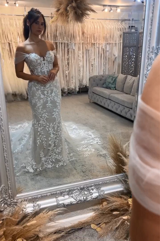 Beautiful Long Mermaid Off-the-shoulder Appliques Sleeveless Wedding Dress With Lace-misshow.com