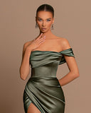 Beautiful Long Mermaid Off-the-shoulder Satin Prom Dress With Slit-misshow.com