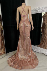 Beautiful Long Mermaid V-neck Split Sleeveless Prom Dress With Lace