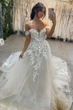 Beautiful Long Off-the-shoulder A-line Appliques Wedding Dress With Train-misshow.com