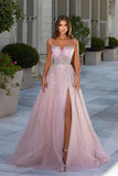Beautiful Long Pink A-line Sequined Tulle Prom Dress With Slit