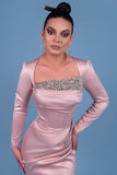 Beautiful Long Pink Mermaid Satin Prom Dress With Rhinestone-misshow.com