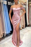 Beautiful Long Pink Off-the-shoulder Mermaid Sleeveless Evening Dresses With Slit-misshow.com