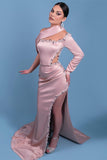 Beautiful Long Pink One-Shoulder Satin Mermaid Prom Dresses With Rhinestone