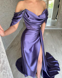 Beautiful Long Purple A-line Off-the-shoulder Sleeveless Prom Dresses With Slit-misshow.com