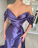 Beautiful Long Purple A-line Off-the-shoulder Sleeveless Prom Dresses With Slit-misshow.com