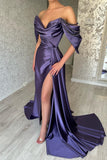Beautiful Long Purple A-line Off-the-shoulder Sleeveless Prom Dresses With Slit