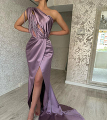 Beautiful Long Purple One Shoulder Beading Sleeveless Prom Dress With Slit