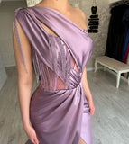 Beautiful Long Purple One Shoulder Beading Sleeveless Prom Dress With Slit-misshow.com