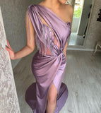 Beautiful Long Purple One Shoulder Beading Sleeveless Prom Dress With Slit-misshow.com