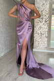 Beautiful Long Purple One Shoulder Beading Sleeveless Prom Dress With Slit