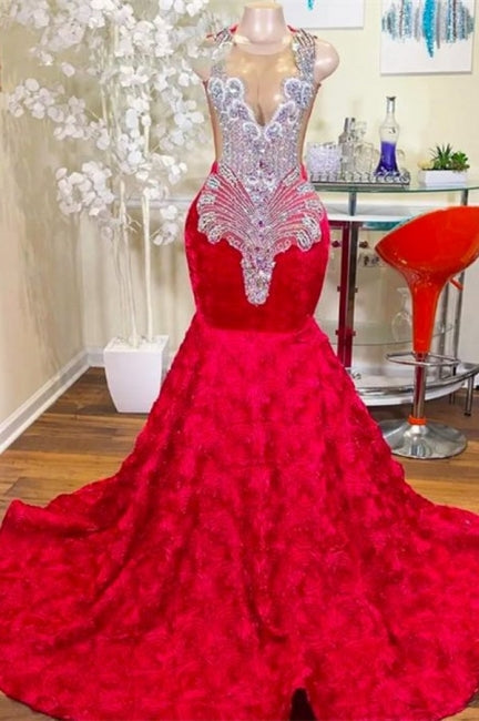 Beautiful Long Red Jewel Floor Length Satin Lace Mermaid Prom Dress with Appliques-misshow.com