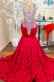 Beautiful Long Red Jewel Floor Length Satin Lace Mermaid Prom Dress with Appliques