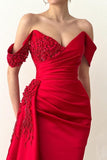 Beautiful Long Red Mermaid Off-the-shoulder Lace Prom Dress-misshow.com