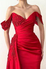 Beautiful Long Red Mermaid Off-the-shoulder Lace Prom Evening Dresses-misshow.com