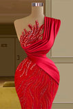 Beautiful Long Red Mermaid One Shoulder Lace Sequined Sleeveless Prom Dress-misshow.com