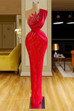 Beautiful Long Red Mermaid One Shoulder Lace Sequined Sleeveless Prom Dress-misshow.com