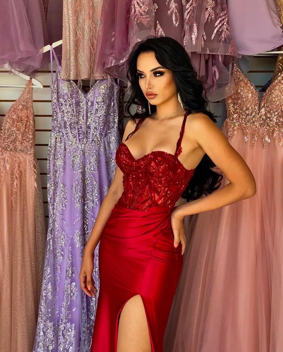 Beautiful Long Red Spaghetti Straps Sequined Lace Sleeveless Prom Dress With Slit