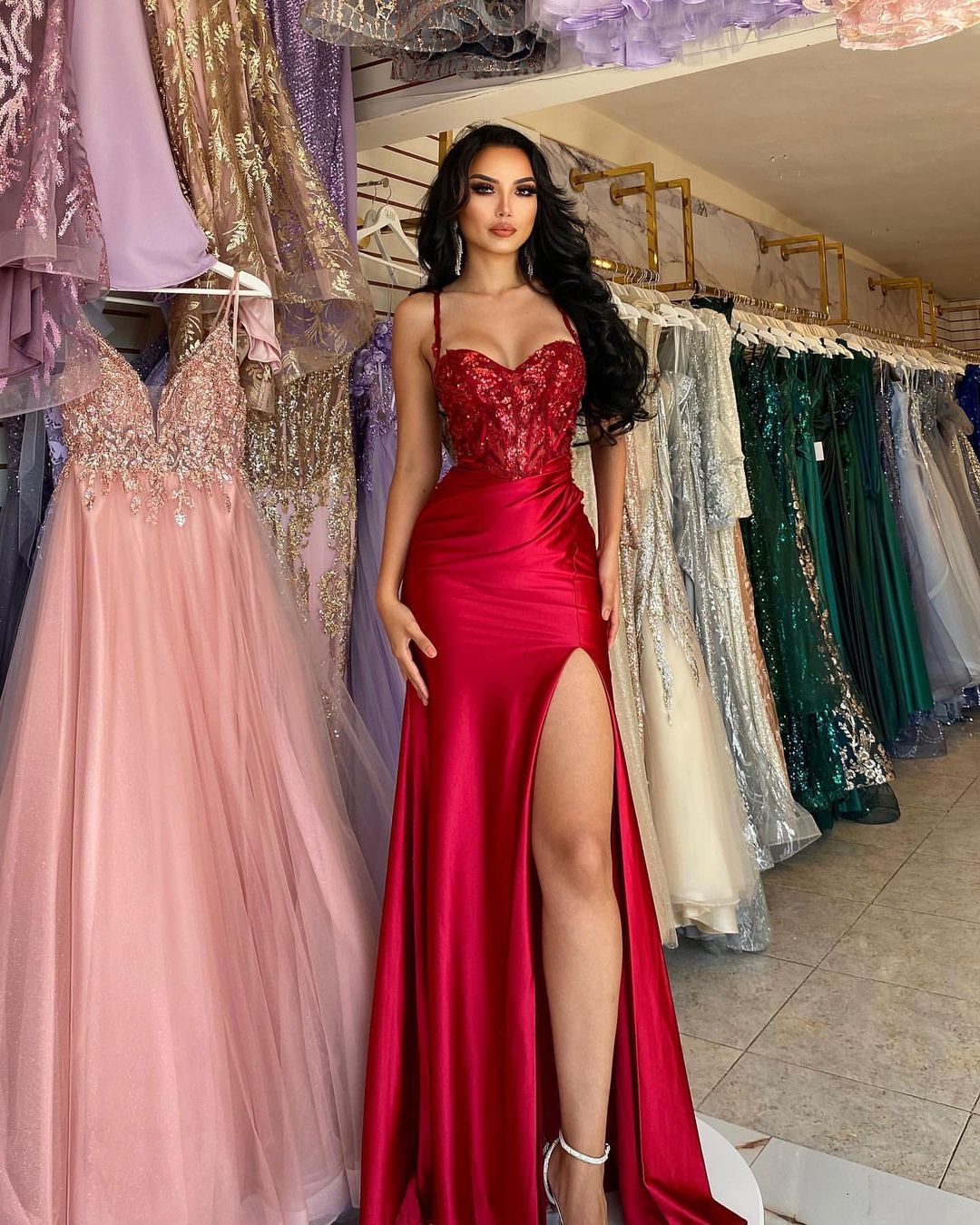 Beautiful Long Red Spaghetti Straps Sequined Lace Sleeveless Prom Dres misshow