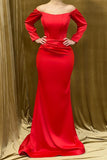 Beautiful Long Red Strapless Satin Mermaid Prom Dress With Long Sleeves-misshow.com