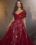Beautiful Long Red Sweetheart A-line Prom Dress With Feather-misshow.com