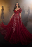 Beautiful Long Red Sweetheart A-line Prom Dress With Feather-misshow.com
