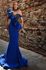 Beautiful Long Royal Blue Mermaid Beading Prom Evening Dresses with Ruffles