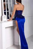 Beautiful Long Royal Blue Mermaid Sequined Sleeveless Prom Dress With Slit-misshow.com