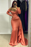 Beautiful Long Satin V-neck Long Sleeves Prom Dress With Rhinestone-misshow.com