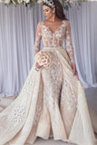 Beautiful Long Sleeves Lace Mermaid Overskirt Wedding Dress Bridal Wears-misshow.com