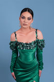 Beautiful Long Spaghetti Green Satin Mermaid Prom Dresses With Long Sleeve-misshow.com