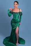 Beautiful Long Spaghetti Green Satin Mermaid Prom Dresses With Long Sleeve