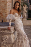 Beautiful Long Strapless Tulle Mermaid Wedding Dresses With Embroidery-misshow.com