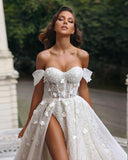 Beautiful Long White A-line Off-the-shoulder Lace Flowers Wedding Dress With Slit-misshow.com