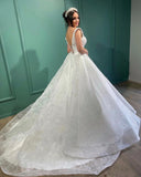 Beautiful Long White A-line V-neck Lace Sleeveless Wedding Dress-misshow.com
